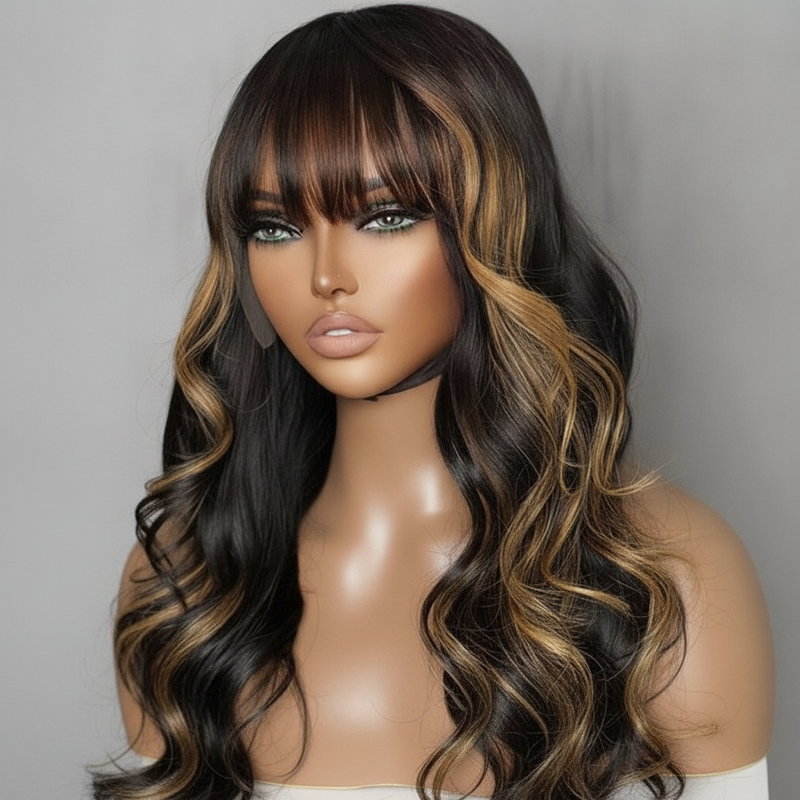 Highlighted Loose Wave Glueless Closure Wig with Bangs