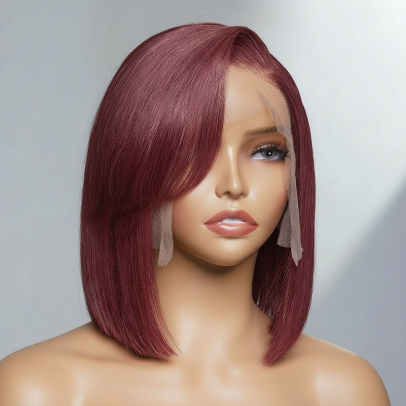 Burgundy Side-Swept Bob with Bangs