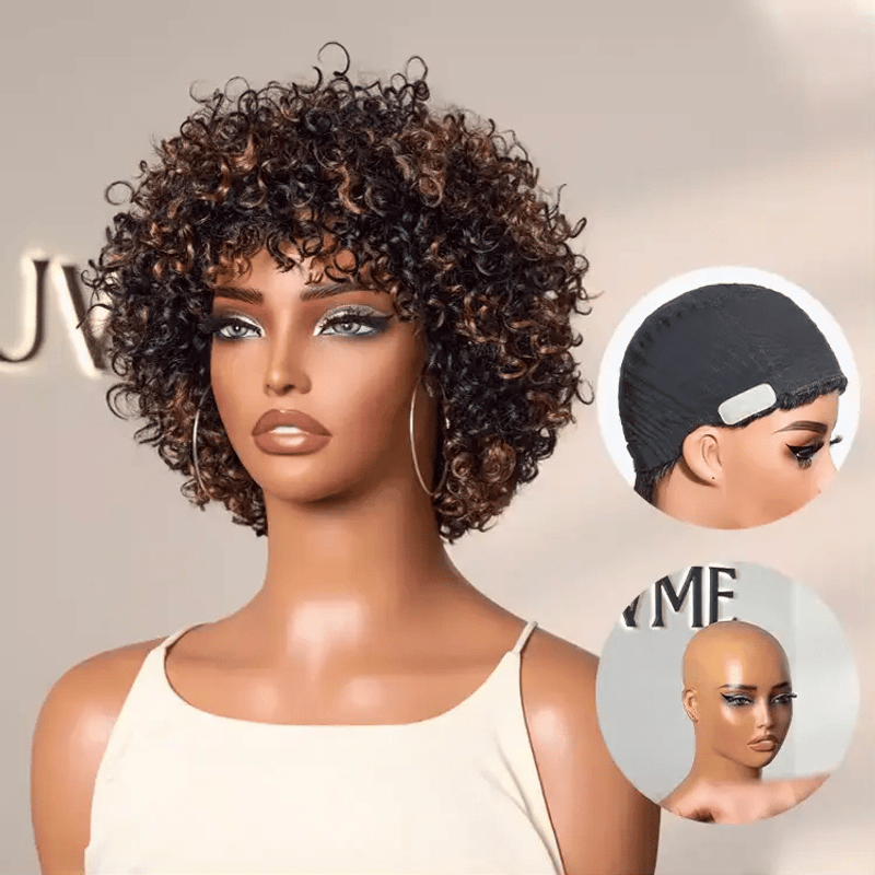Brown Highlight Curly Bang Wig