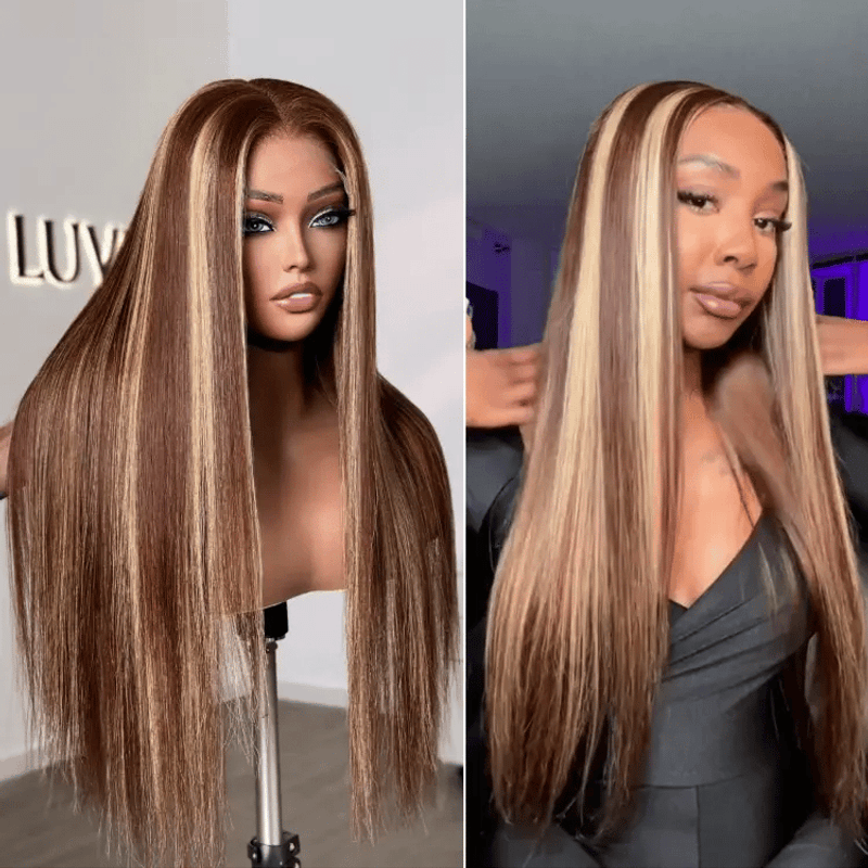 Honey Blonde Highlight Silky Straight Glueless Closure Wig
