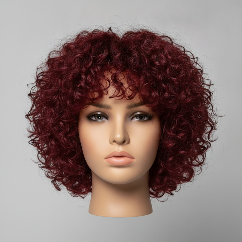 Dark Red Water Wave Glueless Wig with Bangs