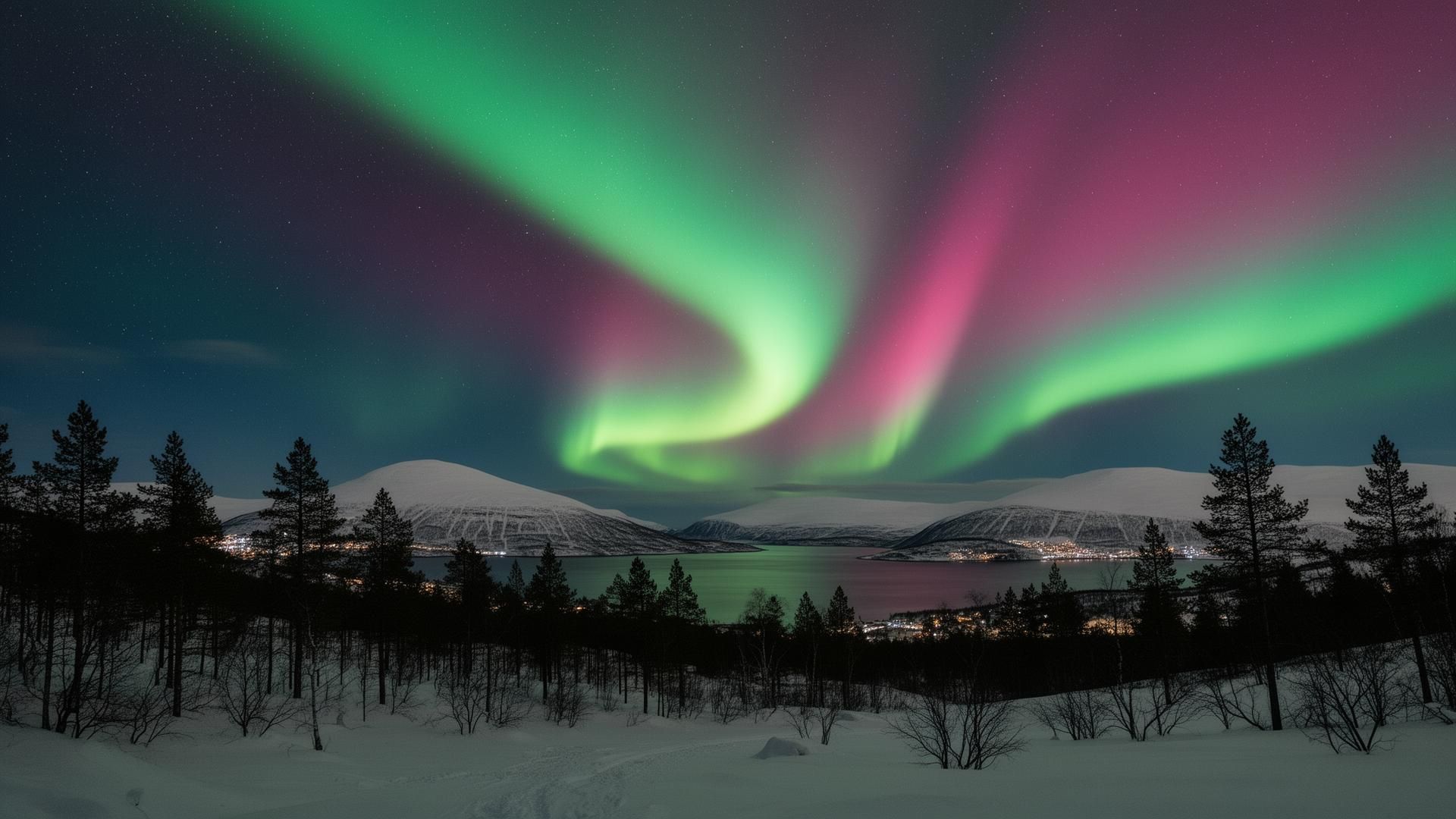 Northern lights dancing over a Tromsø fjord