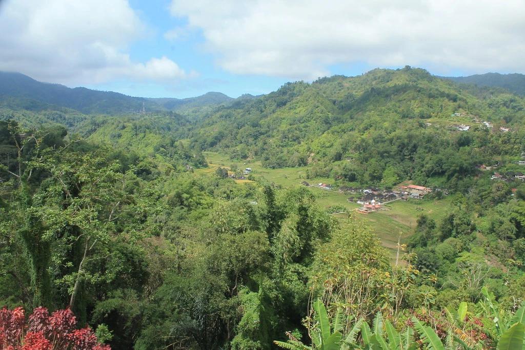 Green forested hills and a village in the highlands near Lake Toba, North Sumatra