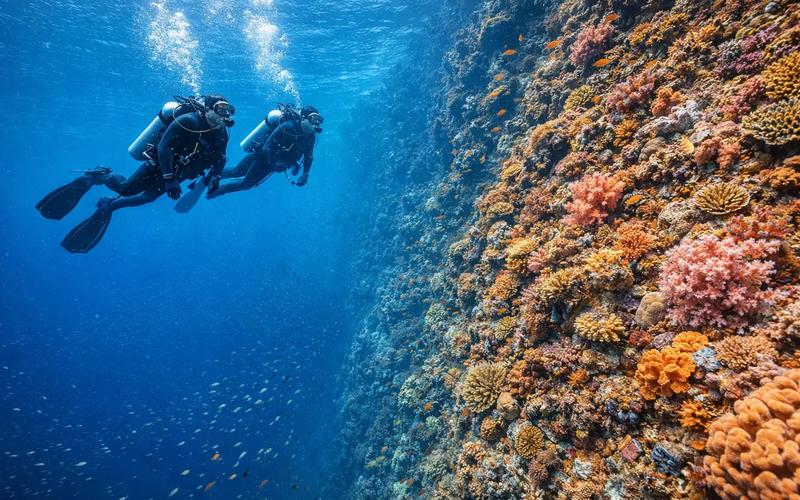 A coral wall at Menjangan Island dropping away into open blue water, West Bali National Park