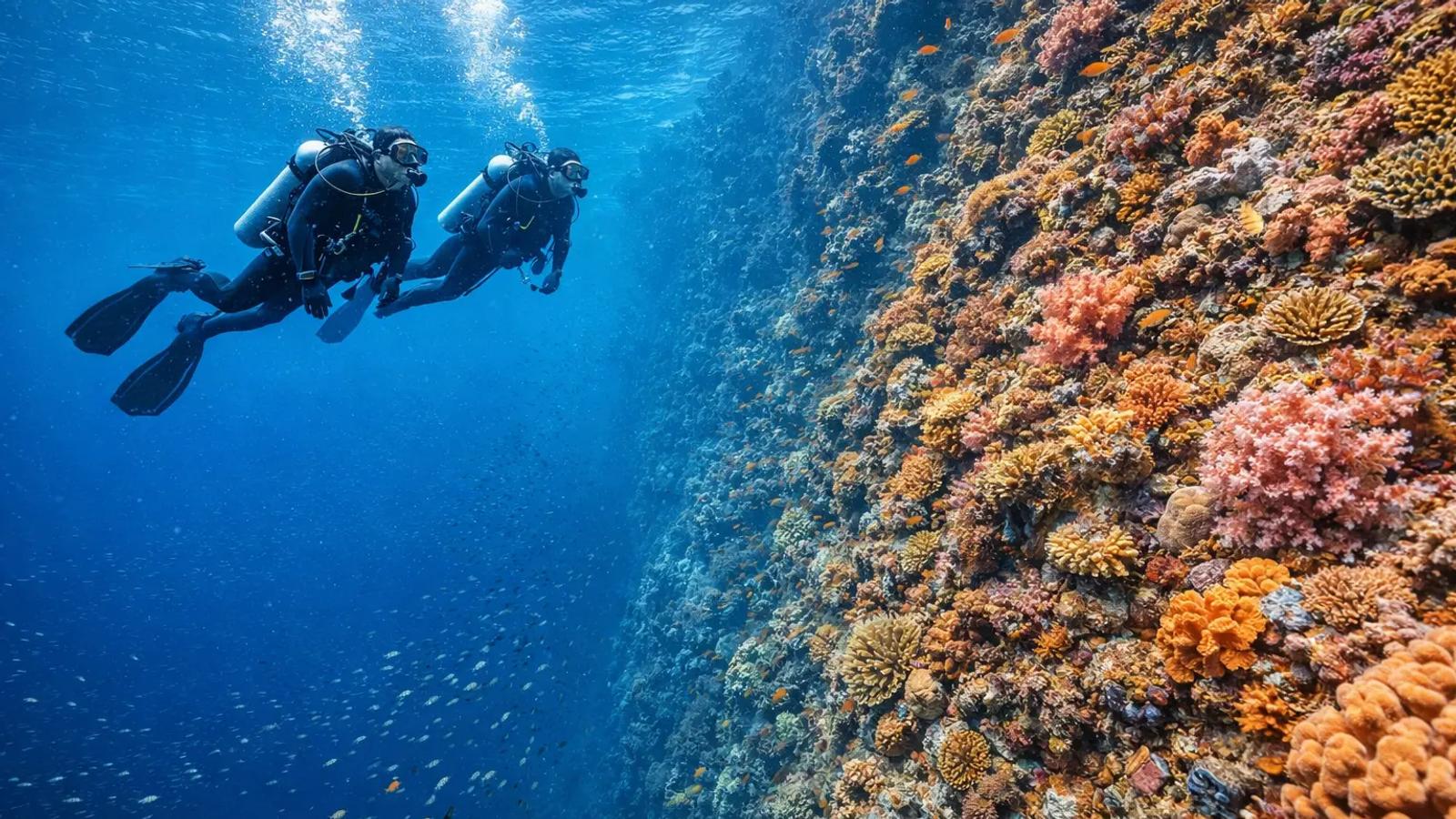 A coral wall at Menjangan Island dropping away into open blue water, West Bali National Park