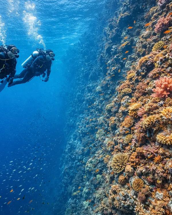 A coral wall at Menjangan Island dropping away into open blue water, West Bali National Park