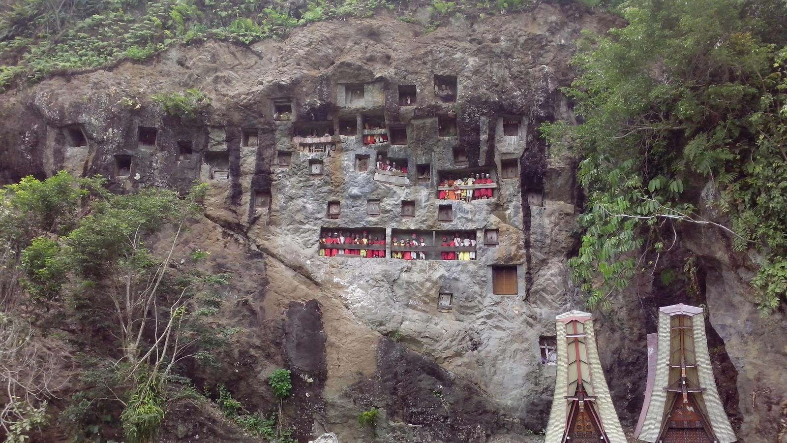 Lemo cliff burial site in Tana Toraja, Sulawesi, with carved rock niches, tau tau effigies and tongkonan-roofed grave structures