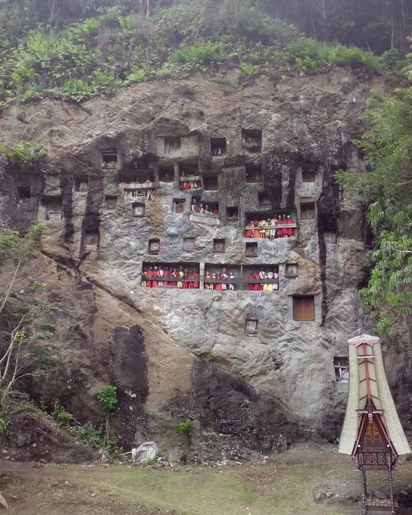Lemo cliff burial site in Tana Toraja, Sulawesi, with carved rock niches, tau tau effigies and tongkonan-roofed grave structures