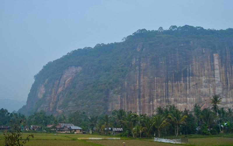 The sheer cliff walls of Harau Valley rising above rice fields and village houses in Lima Puluh Kota, West Sumatra