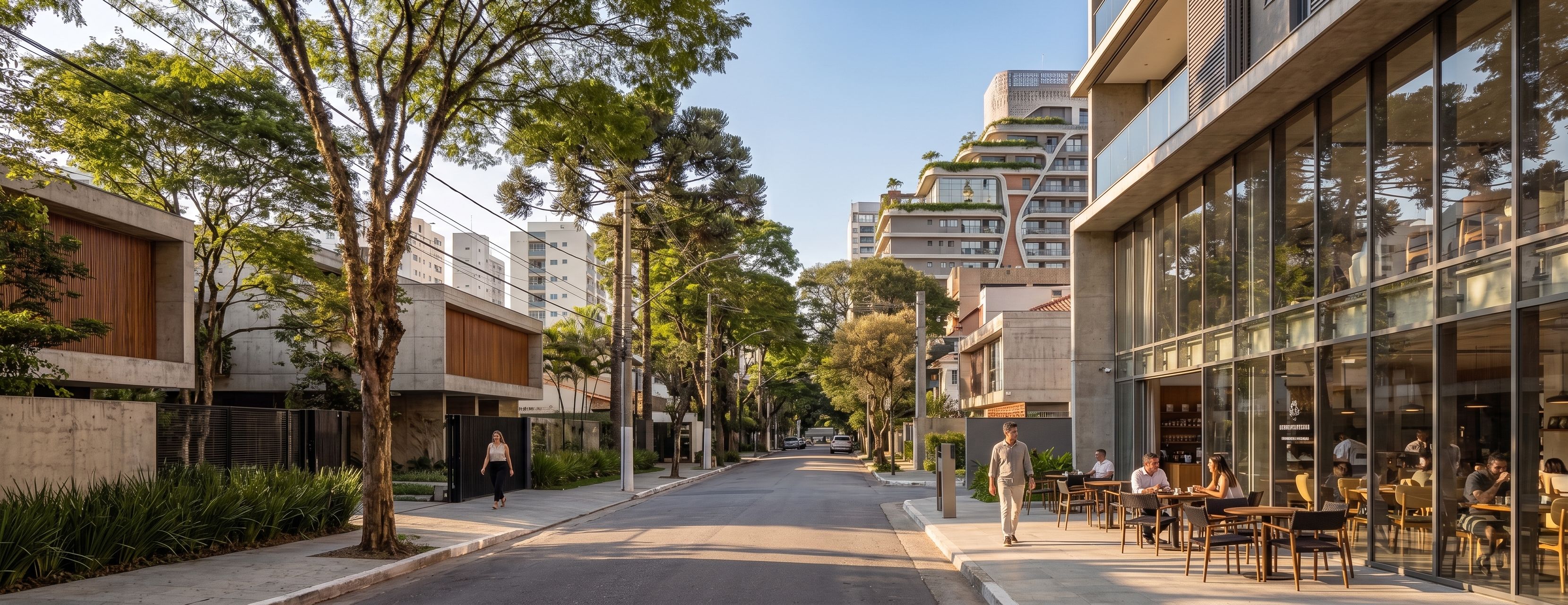 Rua arborizada em Pinheiros ao fim da tarde: casa modernista de concreto e madeira de um lado, café envidraçado com mesas na calçada do outro, prédios ao fundo