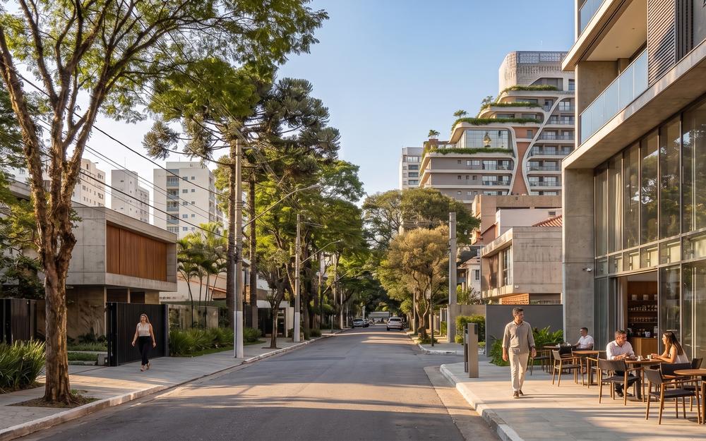 Rua arborizada em Pinheiros ao fim da tarde: casa modernista de concreto e madeira de um lado, café envidraçado com mesas na calçada do outro, prédios ao fundo