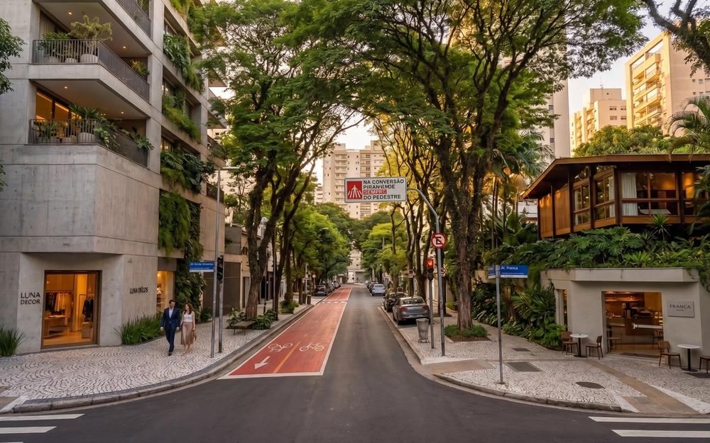 Alameda Franca, nos Jardins: ciclovia sob a copa das árvores, lojas de decoração e moda de fachada discreta, calçada de pedra portuguesa