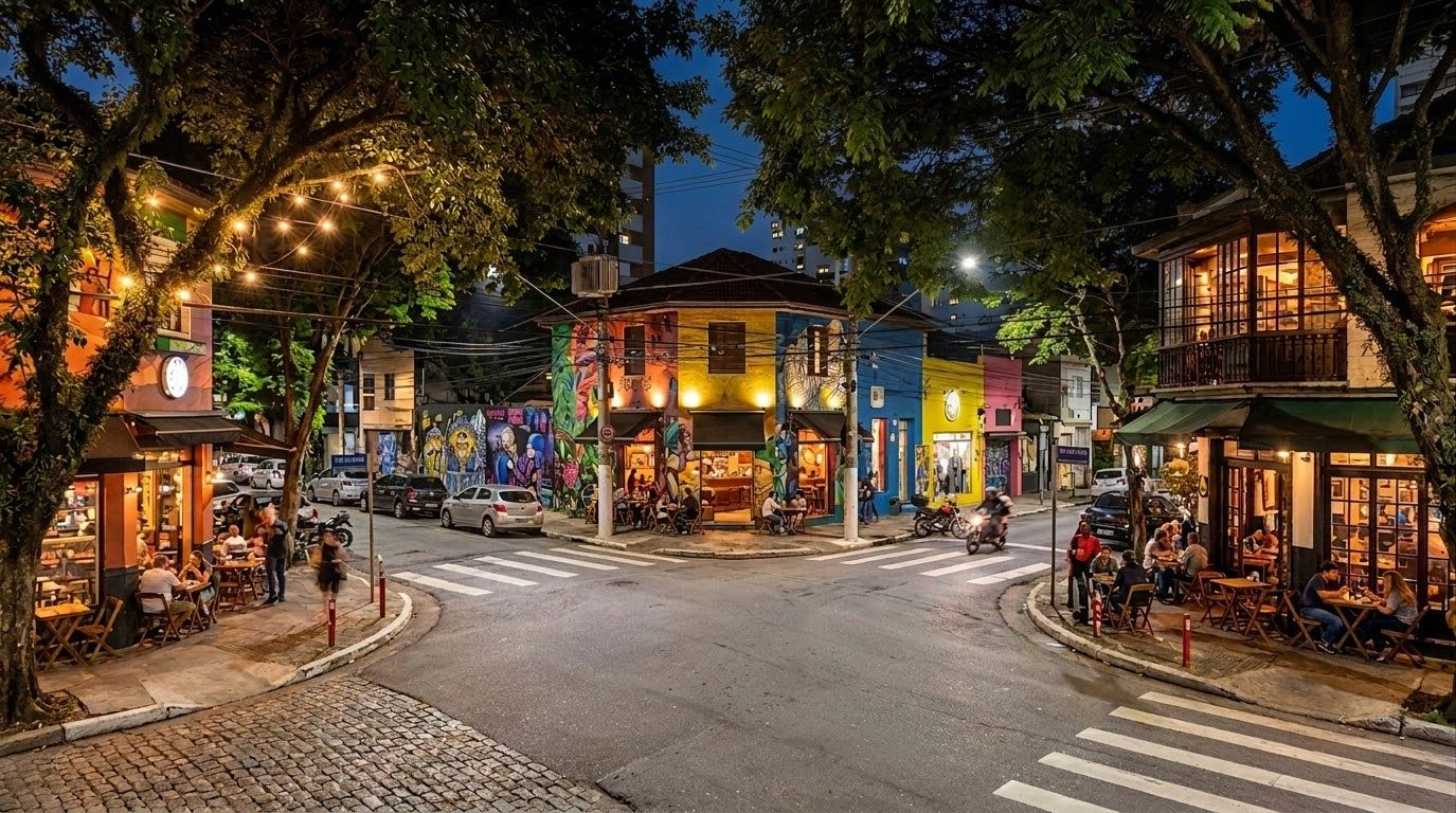 Esquina da Vila Madalena à noite: sobrado coberto de grafites, bares com mesas na calçada e luzes de festa entre as árvores