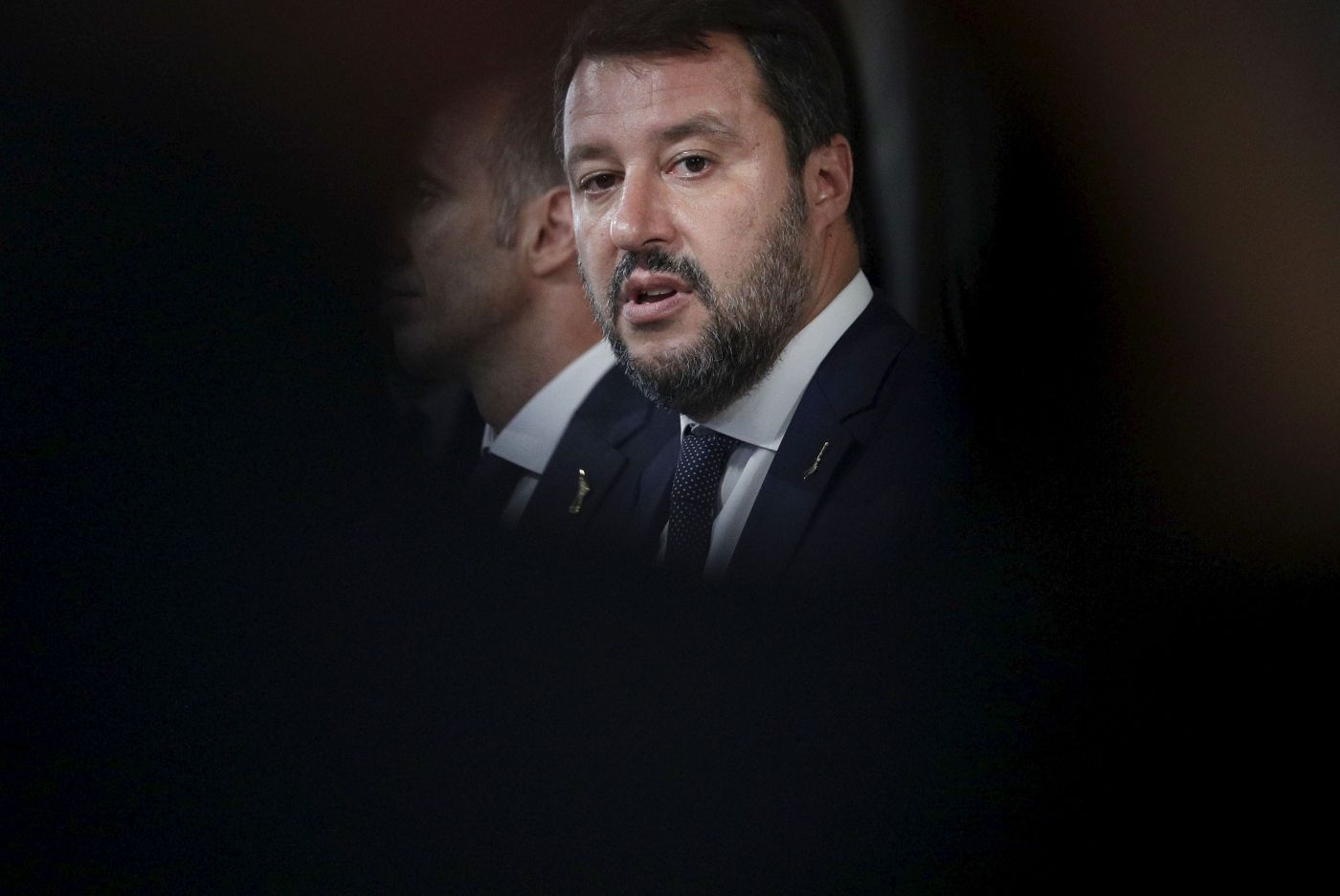 The League party leader Matteo Salvini talks to journalists after meeting with Italian President Sergio Mattarella at Rome's Quirinale presidential palace, Wednesday, Aug. 28, 2019. Mattarella continued receiving political leaders to explore if a solid majority with staying power exists in Parliament for a new government that could win the required confidence vote. (AP Photo/Andrew Medichini)