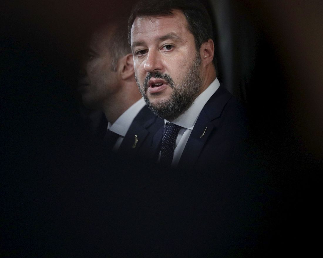 The League party leader Matteo Salvini talks to journalists after meeting with Italian President Sergio Mattarella at Rome's Quirinale presidential palace, Wednesday, Aug. 28, 2019. Mattarella continued receiving political leaders to explore if a solid majority with staying power exists in Parliament for a new government that could win the required confidence vote. (AP Photo/Andrew Medichini)