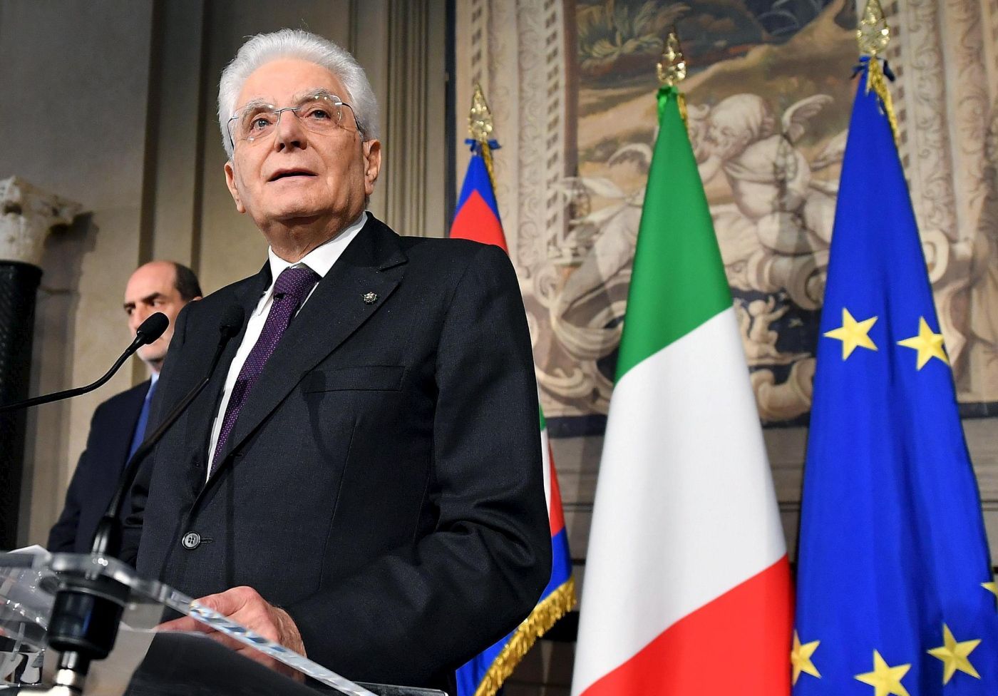 Italian President Sergio Mattarella adresses the media at the end of his meeting with Italian parties representatives at the Quirinal Palace during the third round of formal political consultations following the general elections, in Rome, Monday, May 7, 2018. Mattarella was holding a final day of consultations Monday in hopes of finding a solution to two months of political deadlock. (Ettore Ferrari/ANSA via AP)