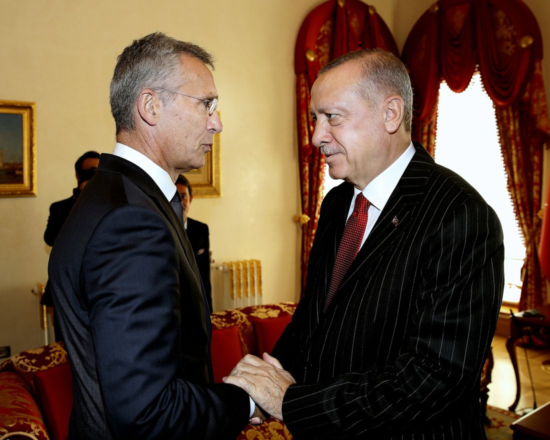 NATO Secretary General Jens Stoltenberg, left, with Turkey's President Recep Tayyip Erdogan before a meeting, in Istanbul, Friday, Oct. 11, 2019. NATO's secretary-general says Friday he acknowledges Turkey's legitimate security concerns but has urged Ankara to exercise restraint in its incursion into northeast Syria.(Presidential Press Service via AP, Pool)