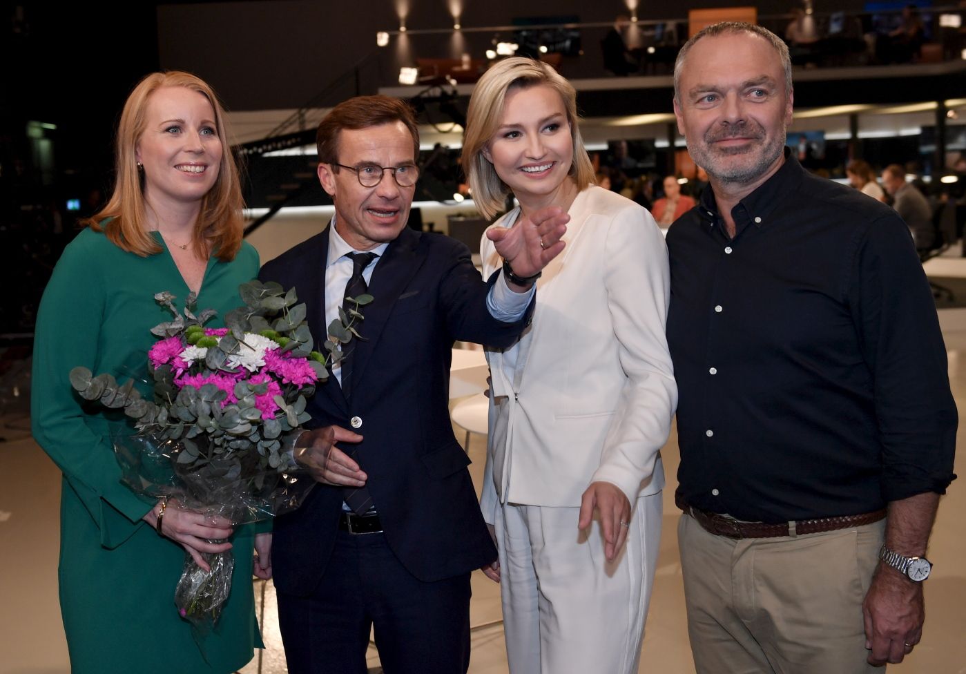STOCKHOLM 20180909 
 Alliansens partiledare Annie Lˆˆf (C), Ulf Kristersson (M), Ebba Busch Thor (KD) och Jan Bjˆrklund (L) på SVT:s valvaka. 
 Foto: Stina Stjernkvist / TT / kod 11610