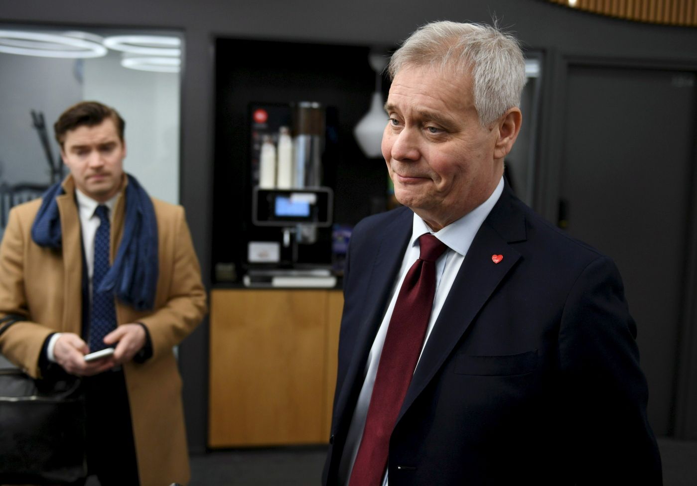 Social Democratic leader Party Antti Rinne speaks to the media at the Finnish Broadcasting Company Yle studios in Helsinki, Finland Monday morning, April 15, 2019.  Results from Finland's parliamentary election illustrated the struggle by Europe's traditional political parties to retain supporters, with the center-left Social Democratic Party winning the most votes and followed closely by a populist party that wants to temper national efforts to curb climate change. (Antti Aimo-Koivisto/Lehtikuva via AP)