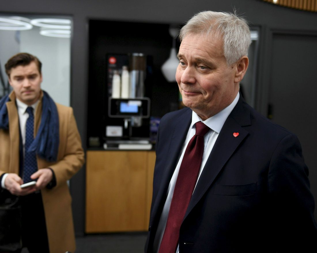 Social Democratic leader Party Antti Rinne speaks to the media at the Finnish Broadcasting Company Yle studios in Helsinki, Finland Monday morning, April 15, 2019.  Results from Finland's parliamentary election illustrated the struggle by Europe's traditional political parties to retain supporters, with the center-left Social Democratic Party winning the most votes and followed closely by a populist party that wants to temper national efforts to curb climate change. (Antti Aimo-Koivisto/Lehtikuva via AP)