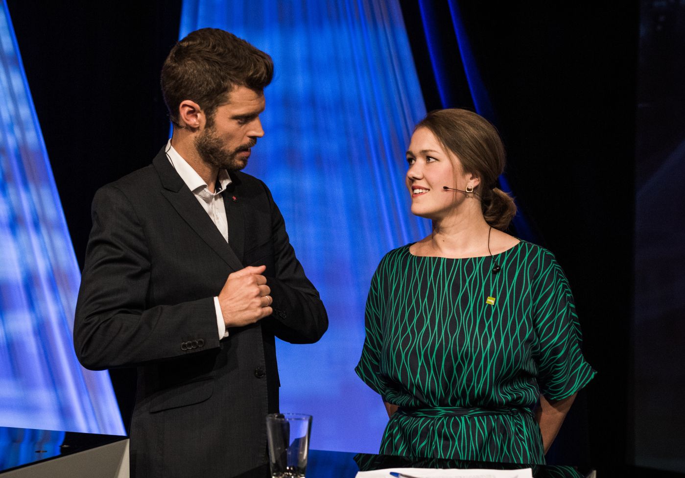 Arendal 14.08.18: NRKs partilederdebatt under Arendalsuka. Bjørnar Moxnes (Rødt) og Une Aina Bastholm (MDG). Foto: John Trygve Tollefsen