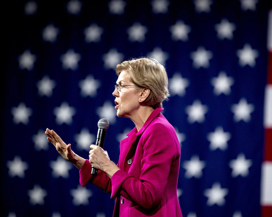 Democratic presidential candidate Sen. Elizabeth Warren, D-Mass., speaks at “Our Rights, Our Courts” forum New Hampshire Technical Institute’s Concord Community College, Saturday, Feb. 8, 2020, in Concord, N.H. (AP Photo/Andrew Harnik)