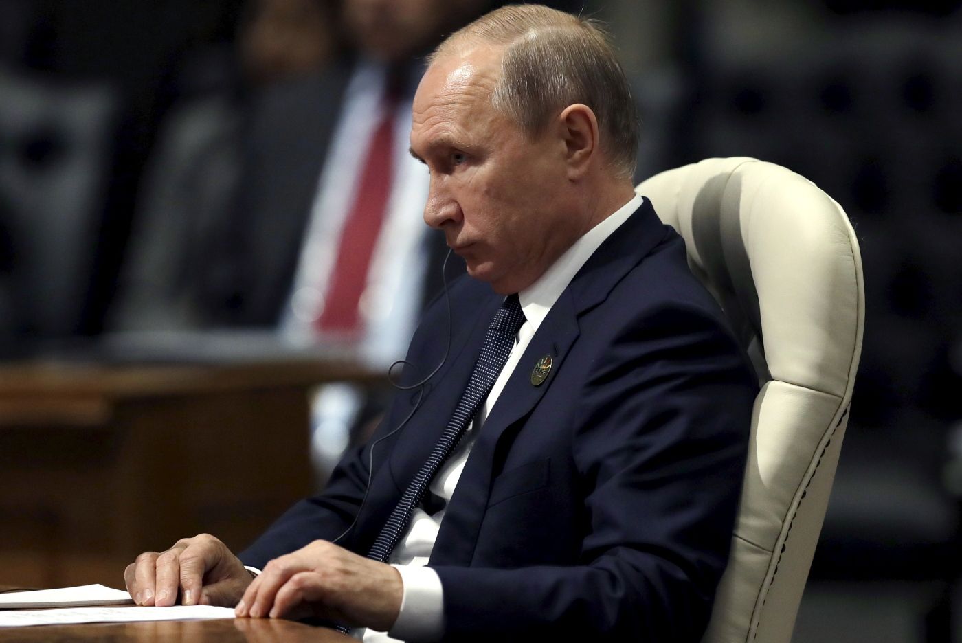 Russian President Vladimir Putin looks on during the BRICS Summit in Johannesburg, South Africa, Thursday, July 26, 2018. The summit runs through Friday with various heads of BRICS attending. (AP Photo/Themba Hadebe, Pool)