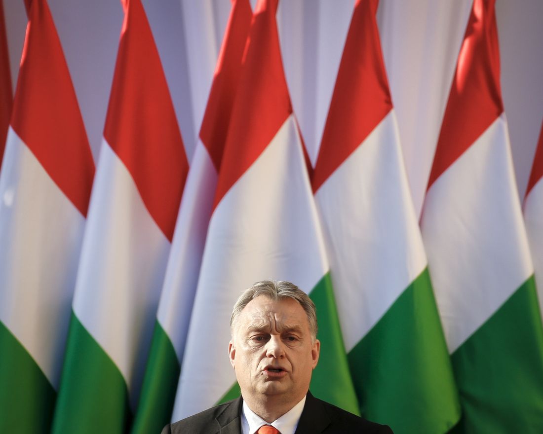 Prime Minister Viktor Orban's speaks during the final electoral rally of his Fidesz party in Szekesfehervar, Hungary, Friday, April 6, 2018. Hungarians will vote Sunday in parliamentary elections, choosing 199 lawmakers and polls expect Prime Minister Viktor Orban to win a third consecutive term and his fourth overall since 1998.(AP Photo/Darko Vojinovic)