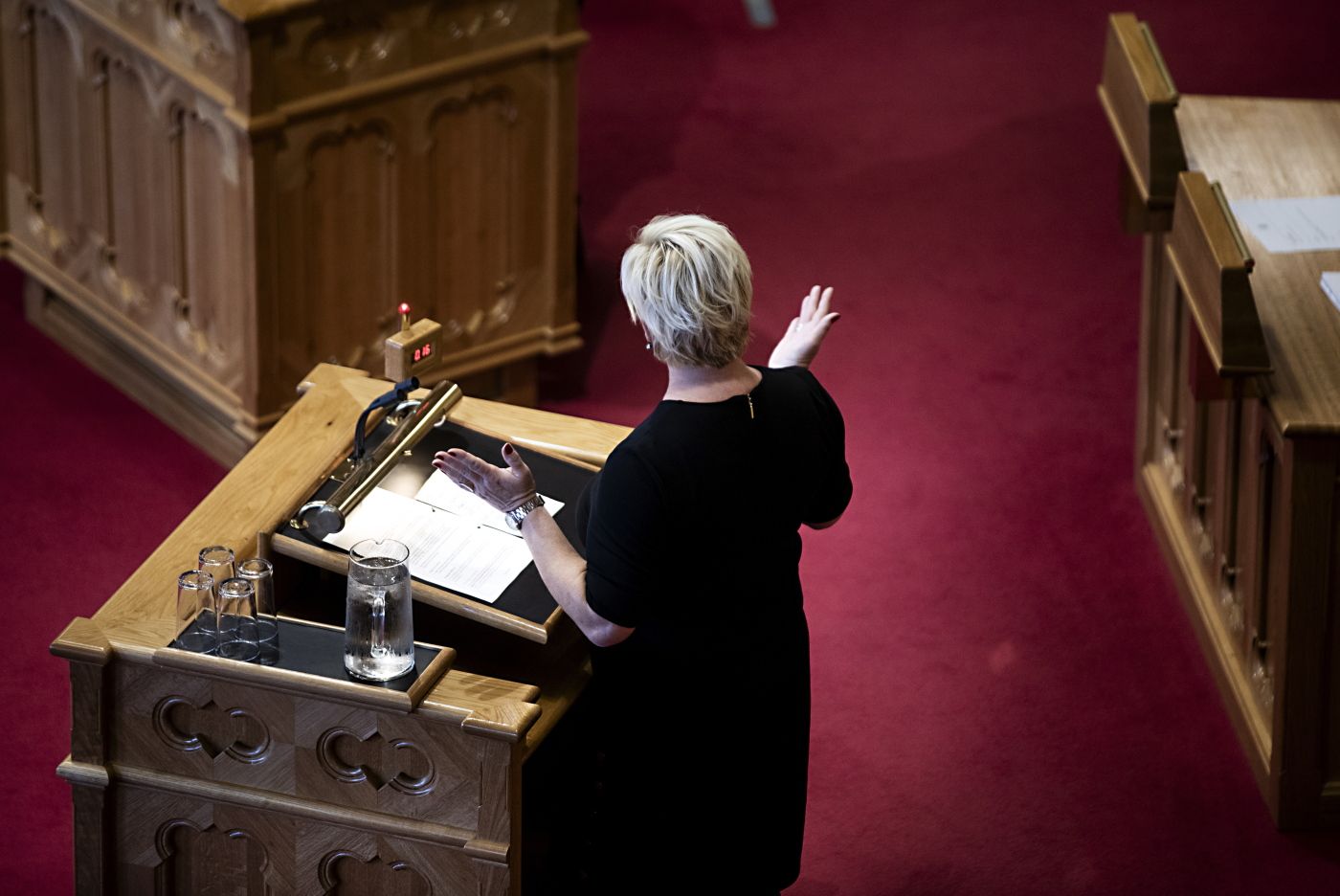 Oslo, Norge, 08.09.2018. Finansminister Siv Jensen legger frem Statsbudsjettet på Stortinget. Foto: Christopher Olssøn.