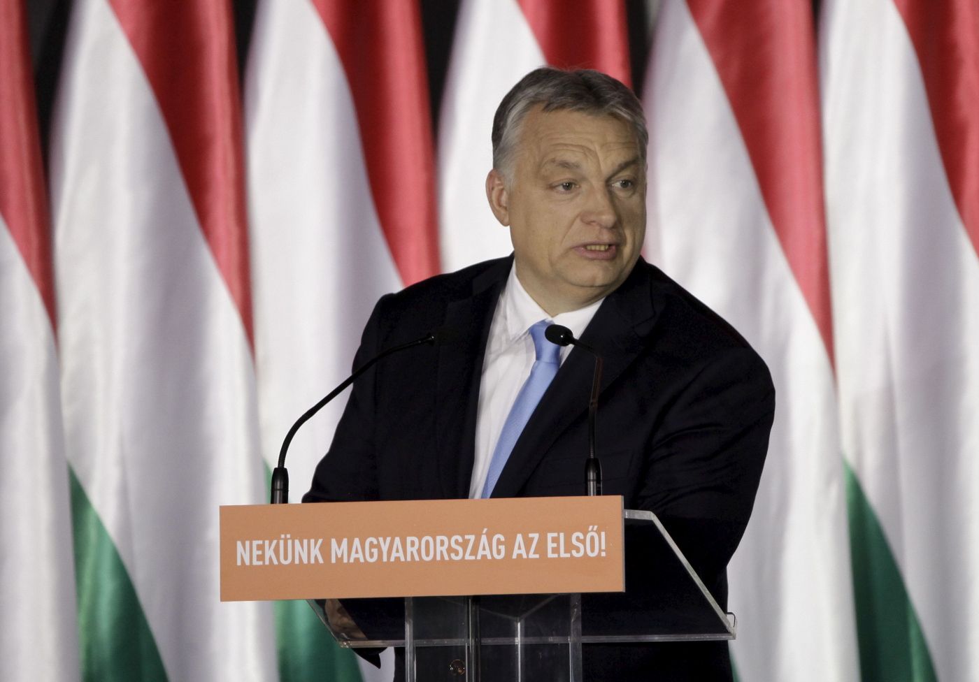 Hungarian Prime Minister Viktor Orban gives a speech to launch the campaign of his right-wing Fidesz party ahead of the European Parliament elections on April 5, 2019 in Budapest. (Photo by PETER KOHALMI / AFP)