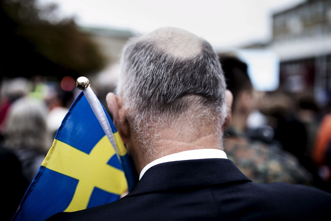 Gøteborg, 28.08.2018. Leder for Sverigedemokraterne Jimmie Åkeson holder valgkampmøte på Oluf Palmes plass i sentrum av Gøteborg. Oposisjonen er tydlig tilstede, det samme er Politiet, som arresterte fem personer for brudd på lov og orden. Fotografier til dokument om det svenske valget. Foto: Christopher Olssøn.