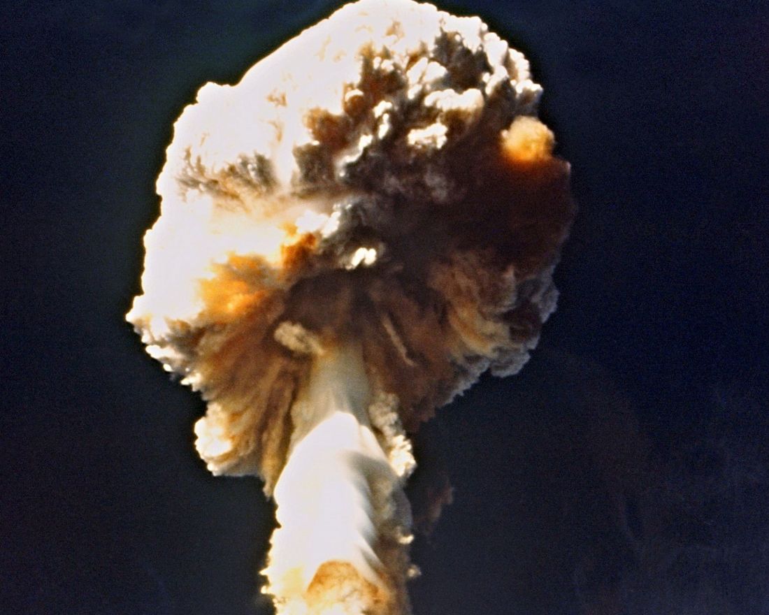 (FILES) This file photo taken on January 01, 1970 shows a French nuclear test at Mururoa, French Polynesia. 
 French Assembly on February 9, 2017 encouraged the compensation for victims of three decades of French nuclear tests. Researchers have established a link between France's nuclear tests over the Pacific ocean in the late 1960s and the high incidence of thyroid cancer in Polynesia.  / AFP PHOTO / -