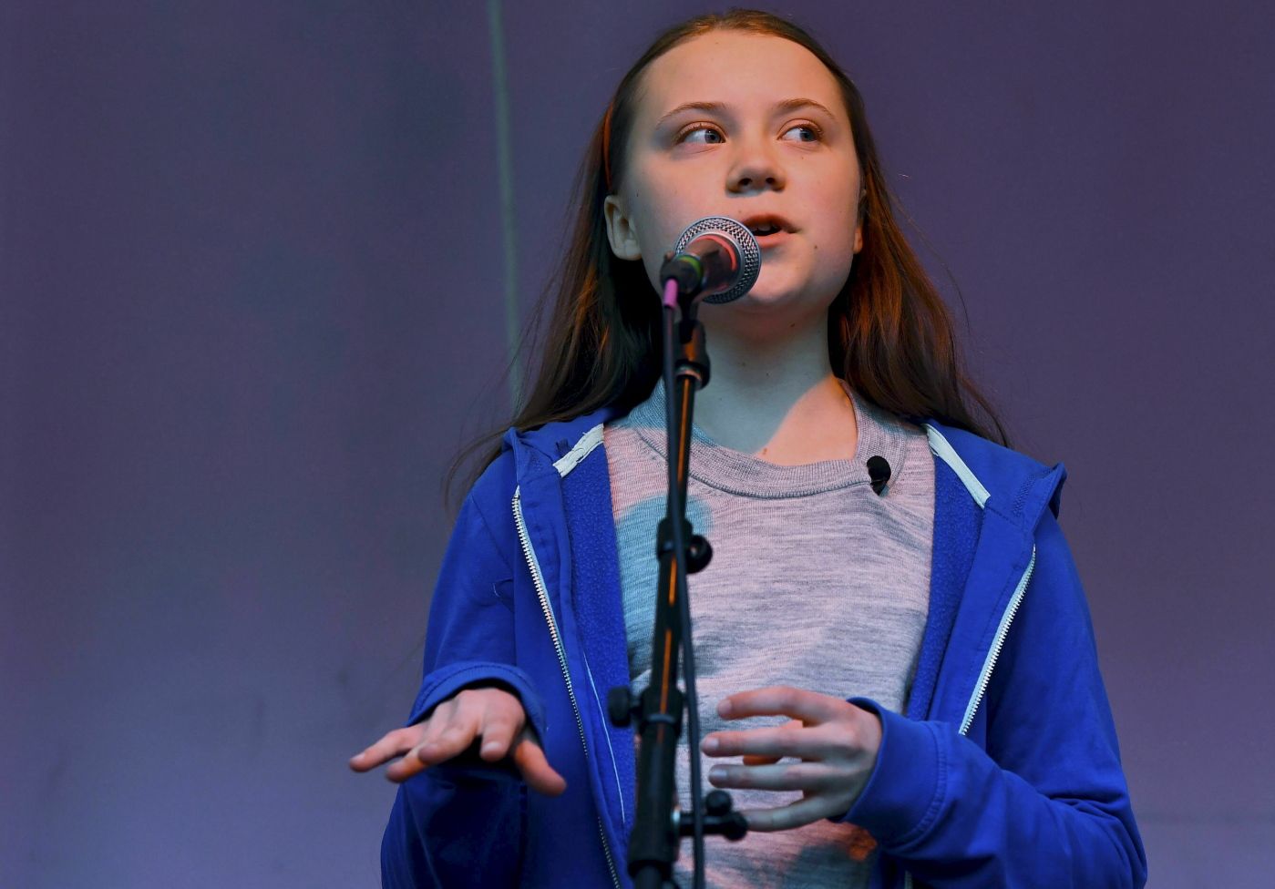 Swedish activist Greta Thunberg addresses the Extinction Rebellion demonstrators at Marble Arch in London, Sunday April 21, 2019. The group Extinction Rebellion is calling for a week of civil disobedience against what it says is the failure to tackle the causes of climate change. (Victoria Jones/PA via AP)
