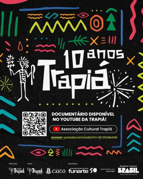 Cartaz de documentário "10 anos Trapiá" no YouTube, QR code para acesso.