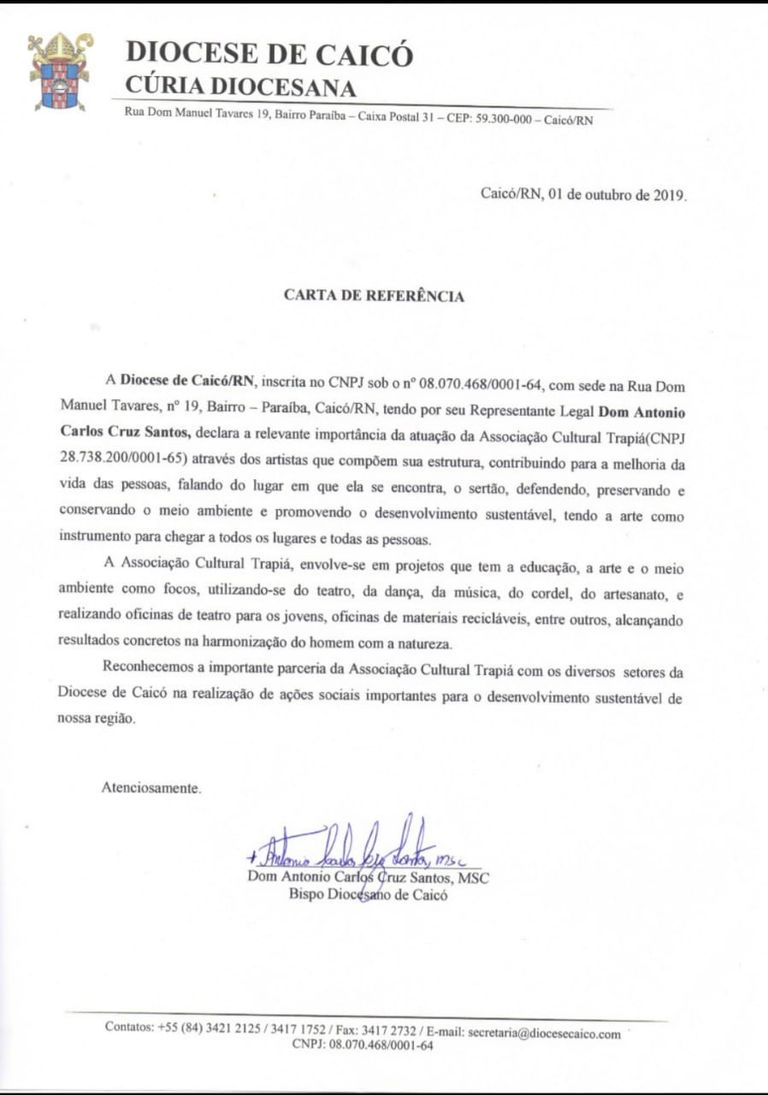 Carta de Referência Diocese Caicó/RN