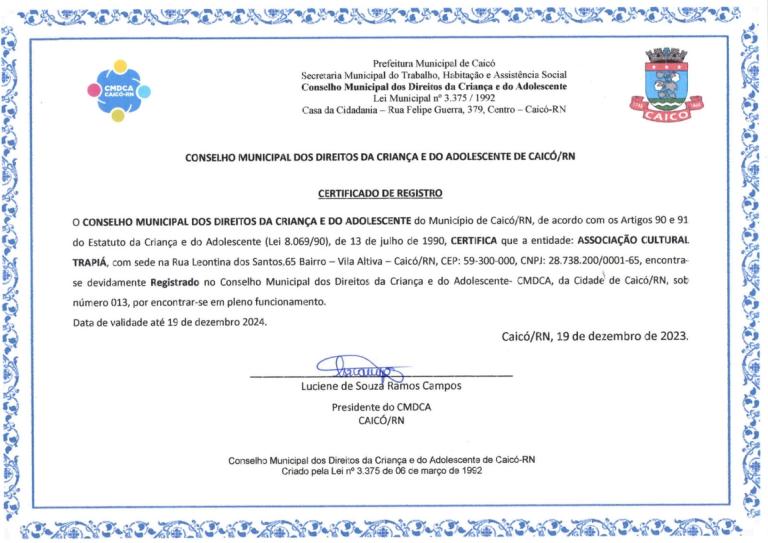 Certificado CMDCA Caicó/RN