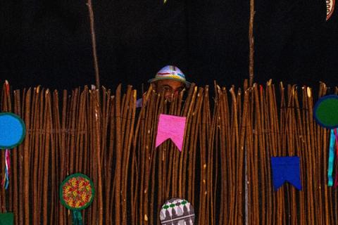 Ator escondendo-se atrás de cerca de bambu decorada, olhando para fora.