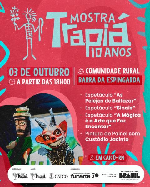 Cartaz de evento da Mostra Trapiá 10 anos, 3 outubro, 18h, comunidade Barra da Espingarda, Caicó-RN.