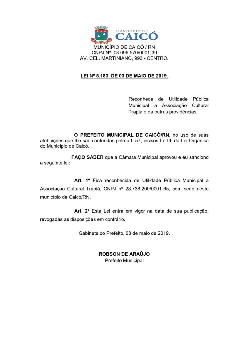 Certificado de Utilidade Pública Caicó/RN