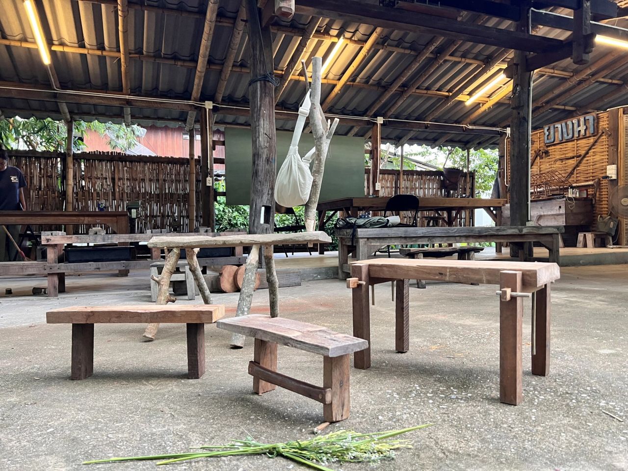 Handcrafted timber tables and benches at the workshop