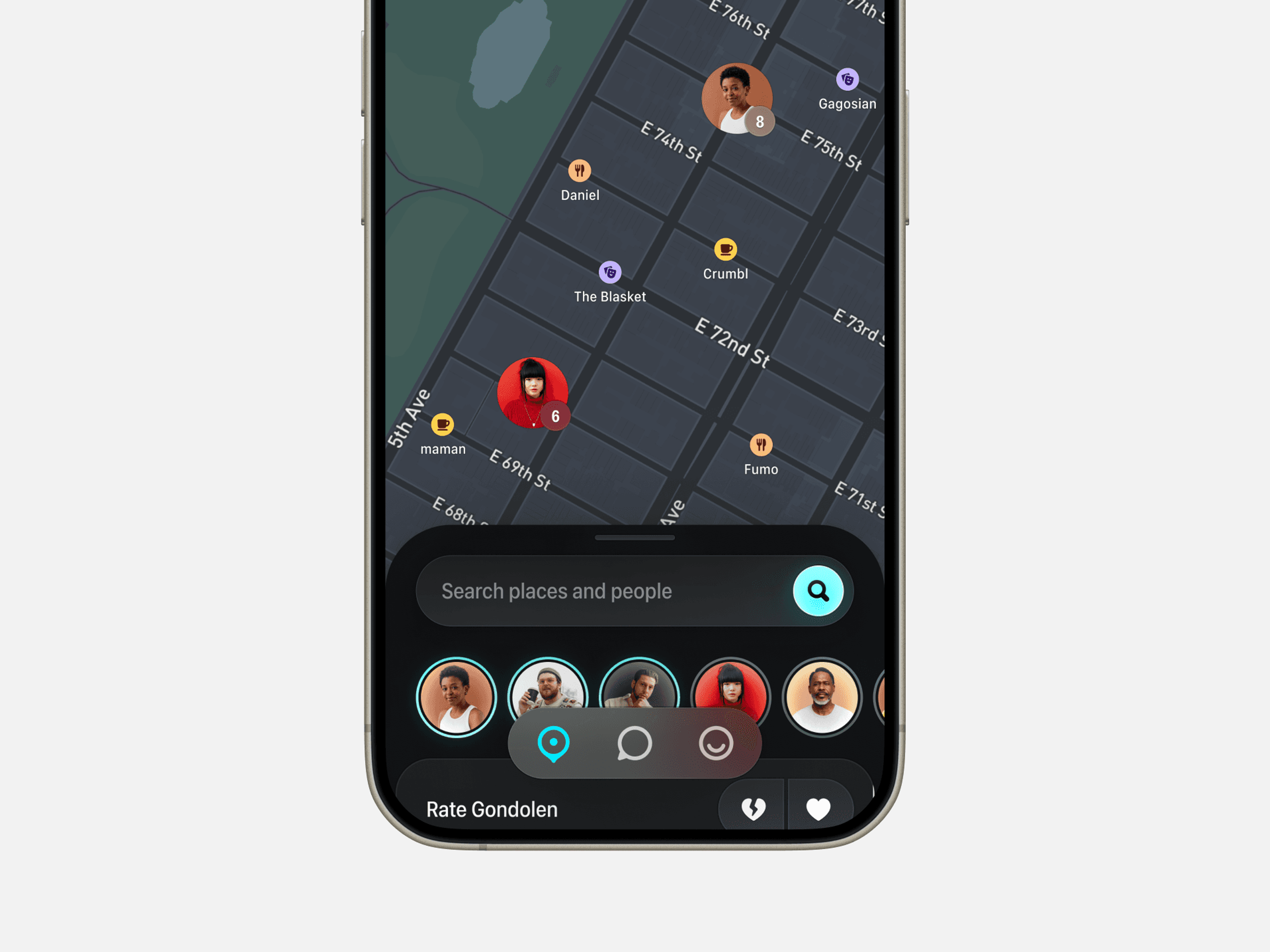 NOMO dark map of Manhattan streets with friends' avatars and pinned places, plus a search sheet