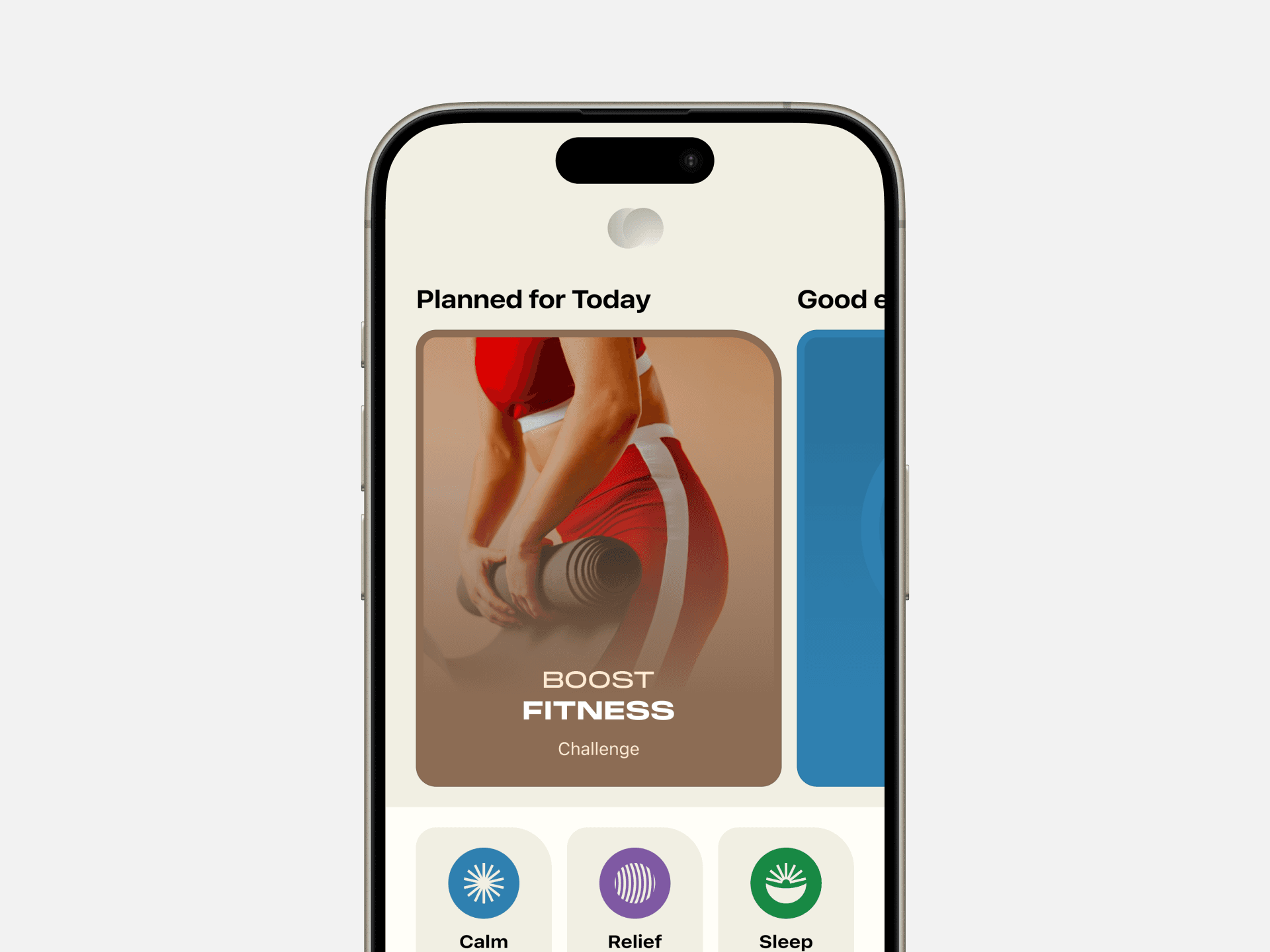 Float home screen with a Boost Fitness challenge card and Calm, Relief and Sleep shortcuts