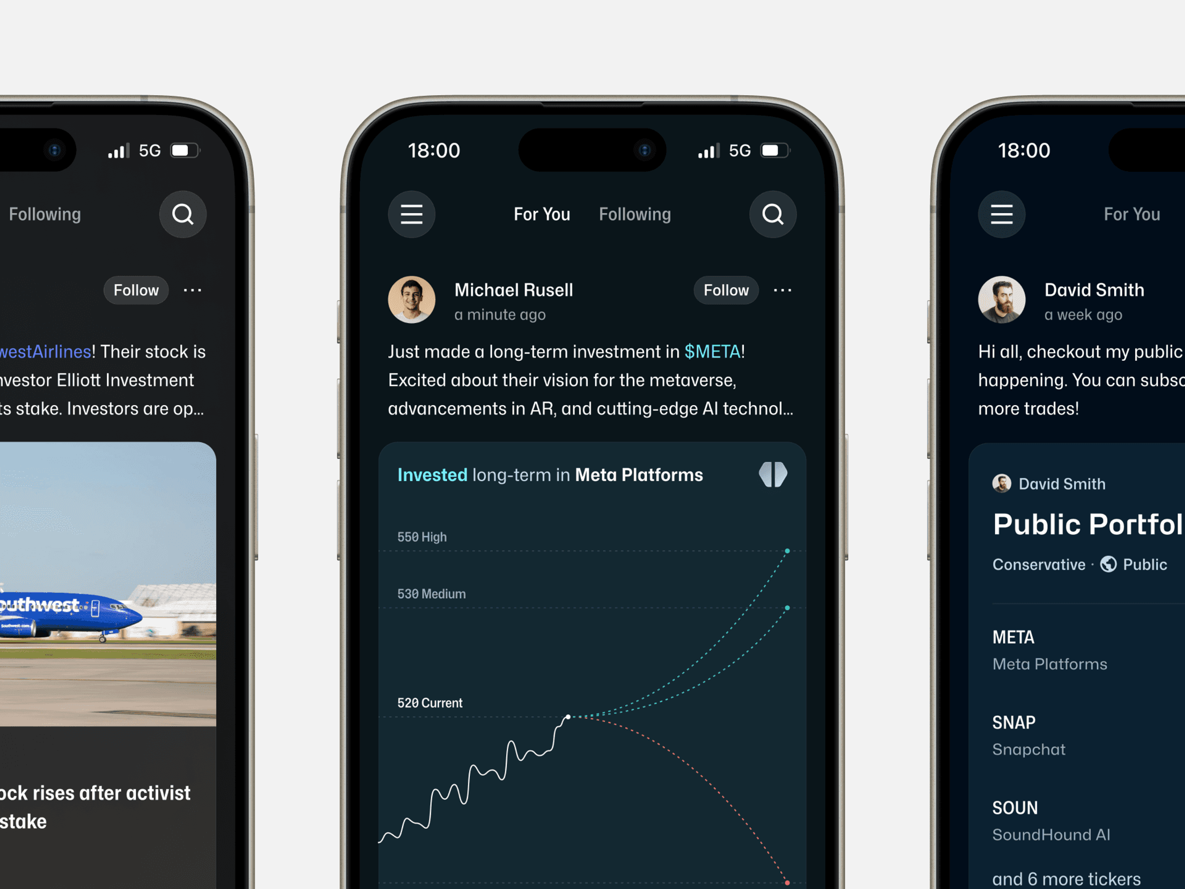Tradeforge social feed with posts about stock investments and a shared public portfolio