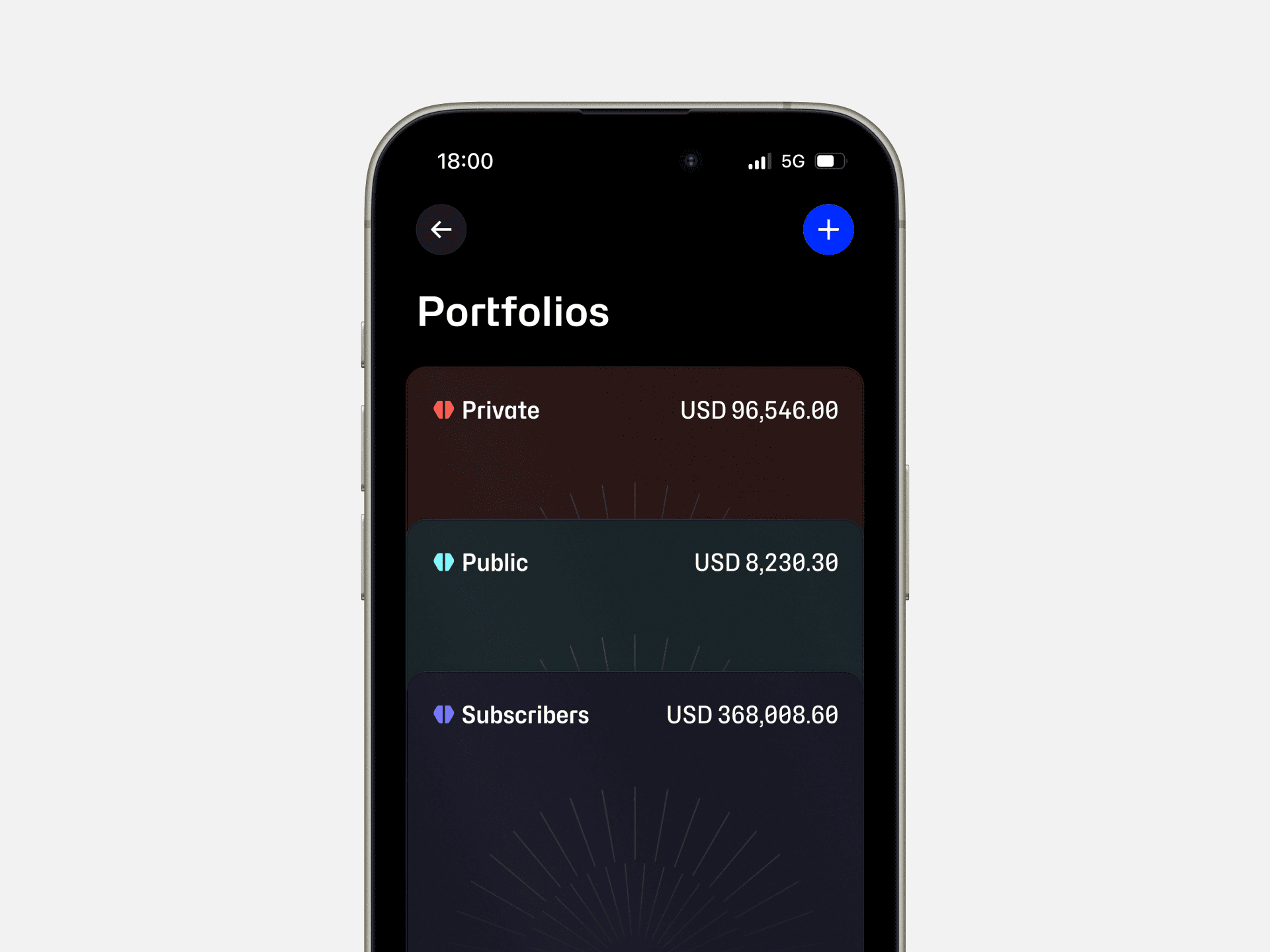 Tradeforge Portfolios screen listing private, public and subscribers portfolios with USD balances