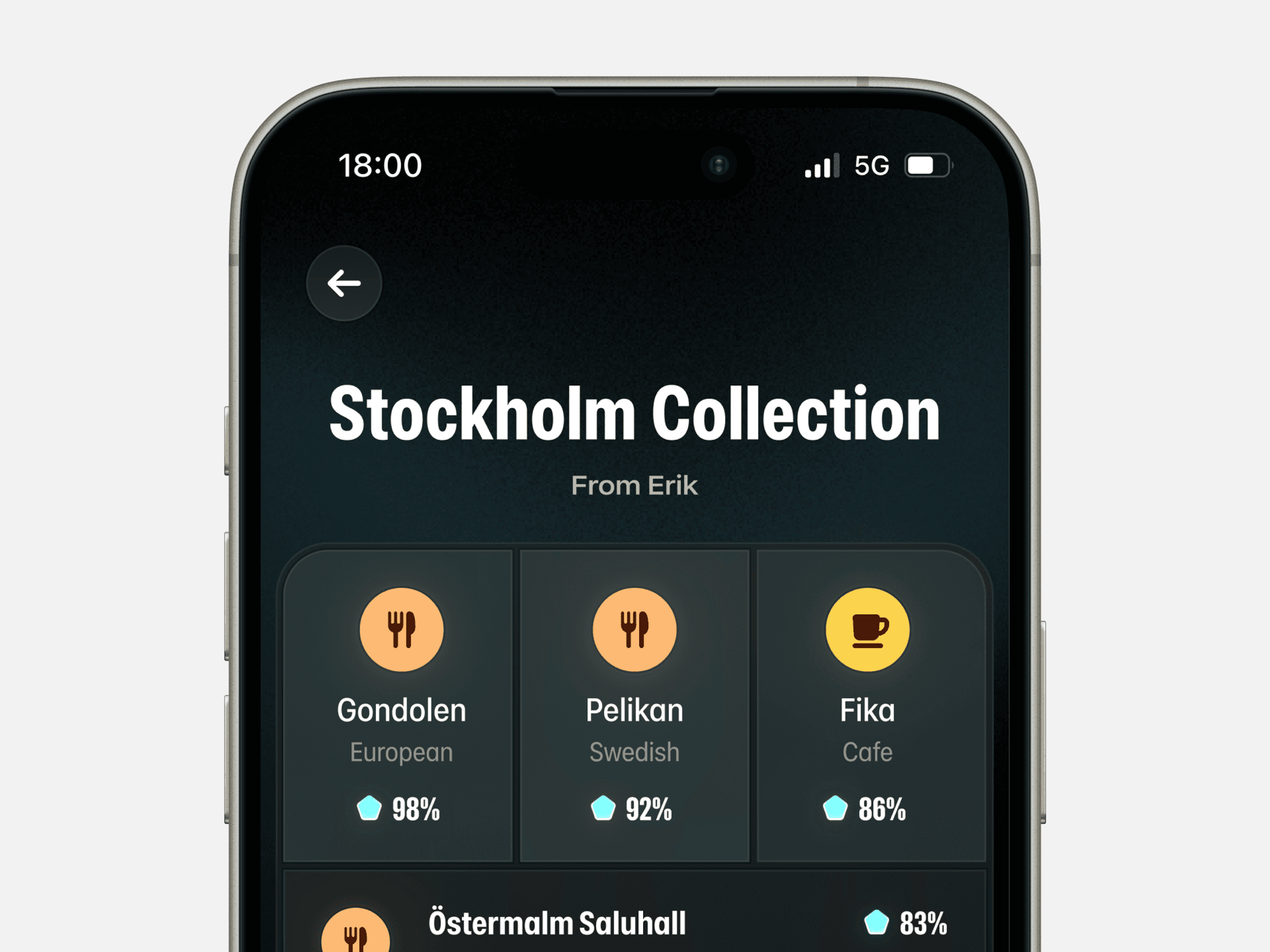 NOMO Stockholm Collection screen with recommended restaurants and cafes and their match scores