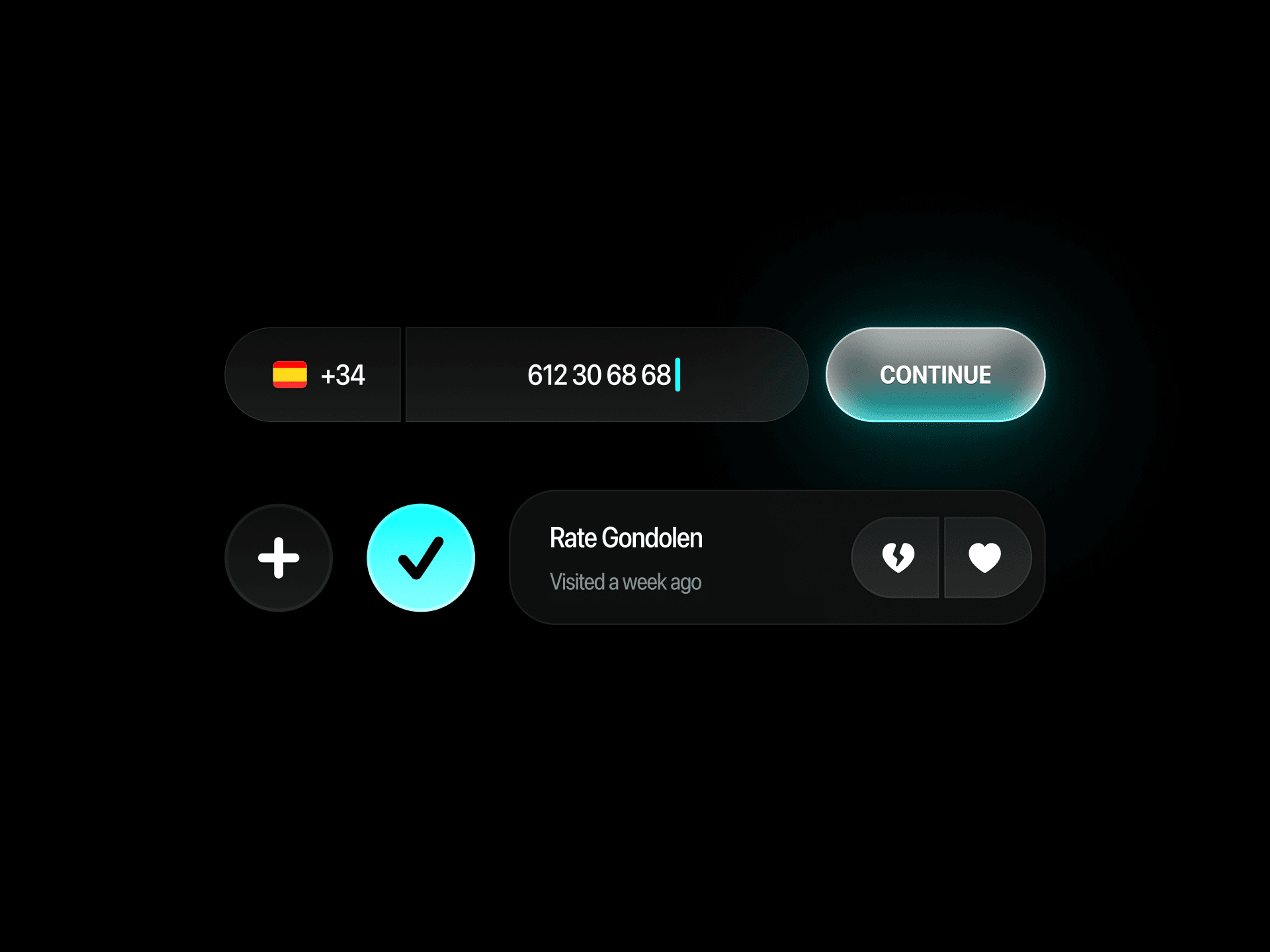 NOMO UI elements on black: phone number input with Continue button, check button and a rate-place card
