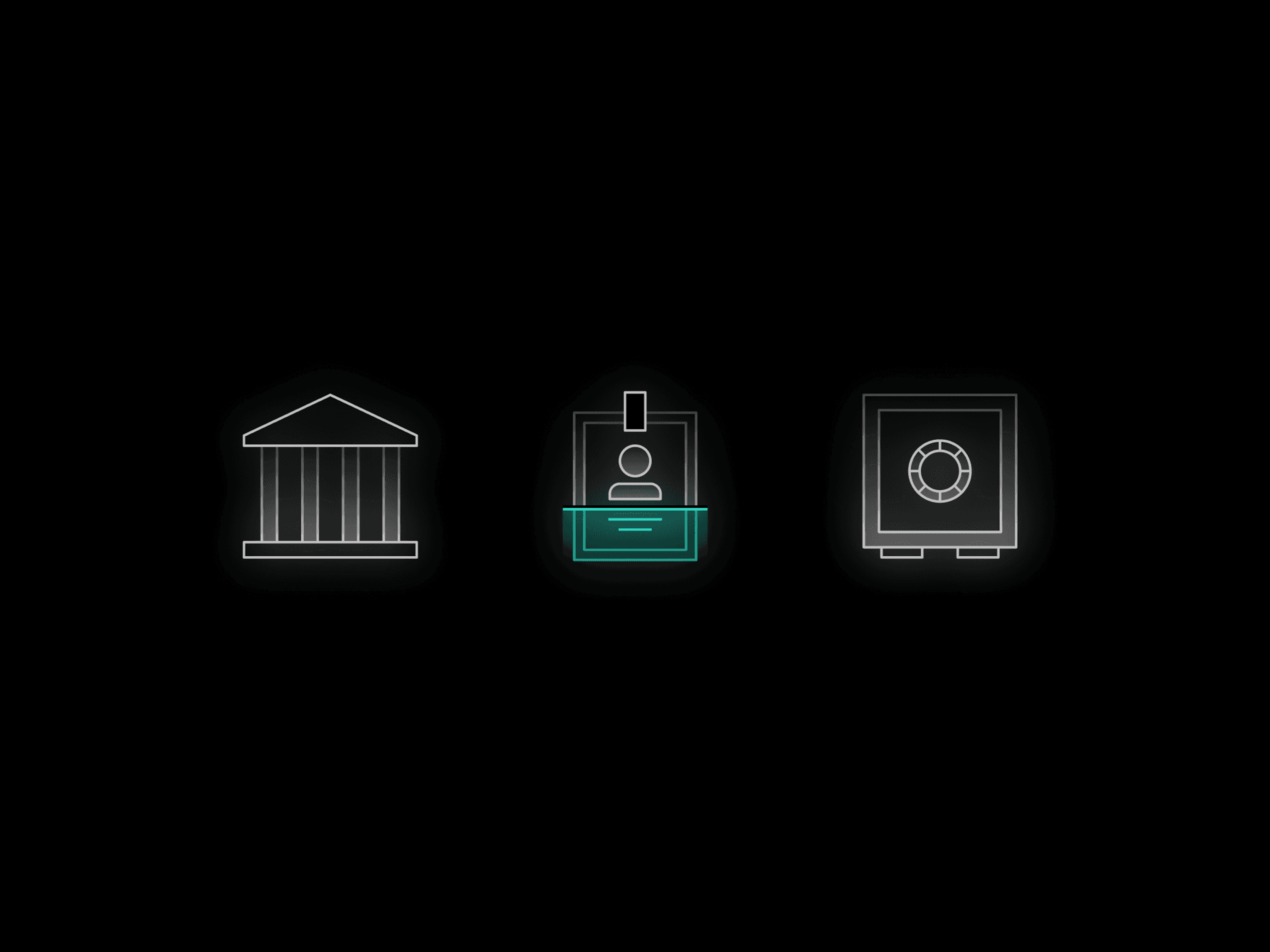 Three glowing line icons on black: a bank building, an ID badge and a safe
