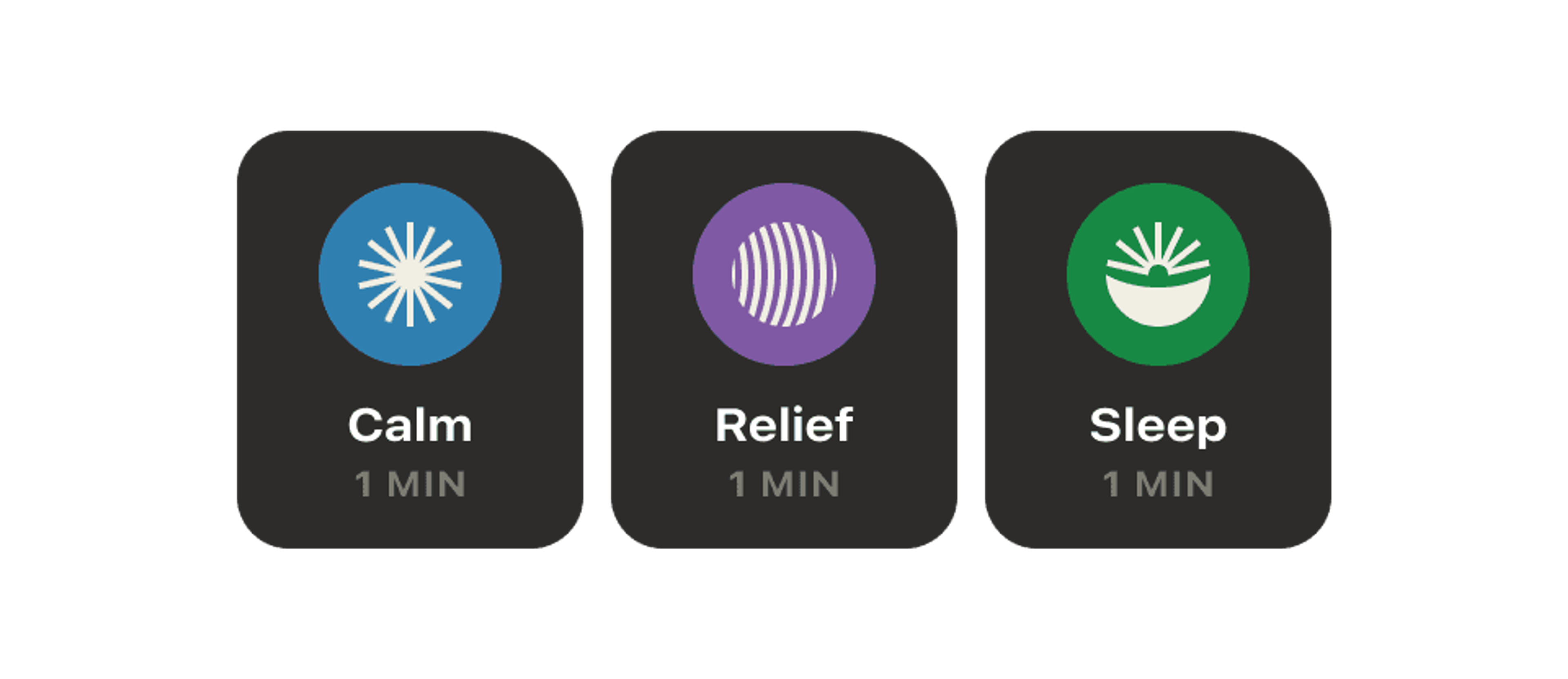 Three dark breathing exercise tiles: Calm, Relief and Sleep, each 1 min with a colored icon