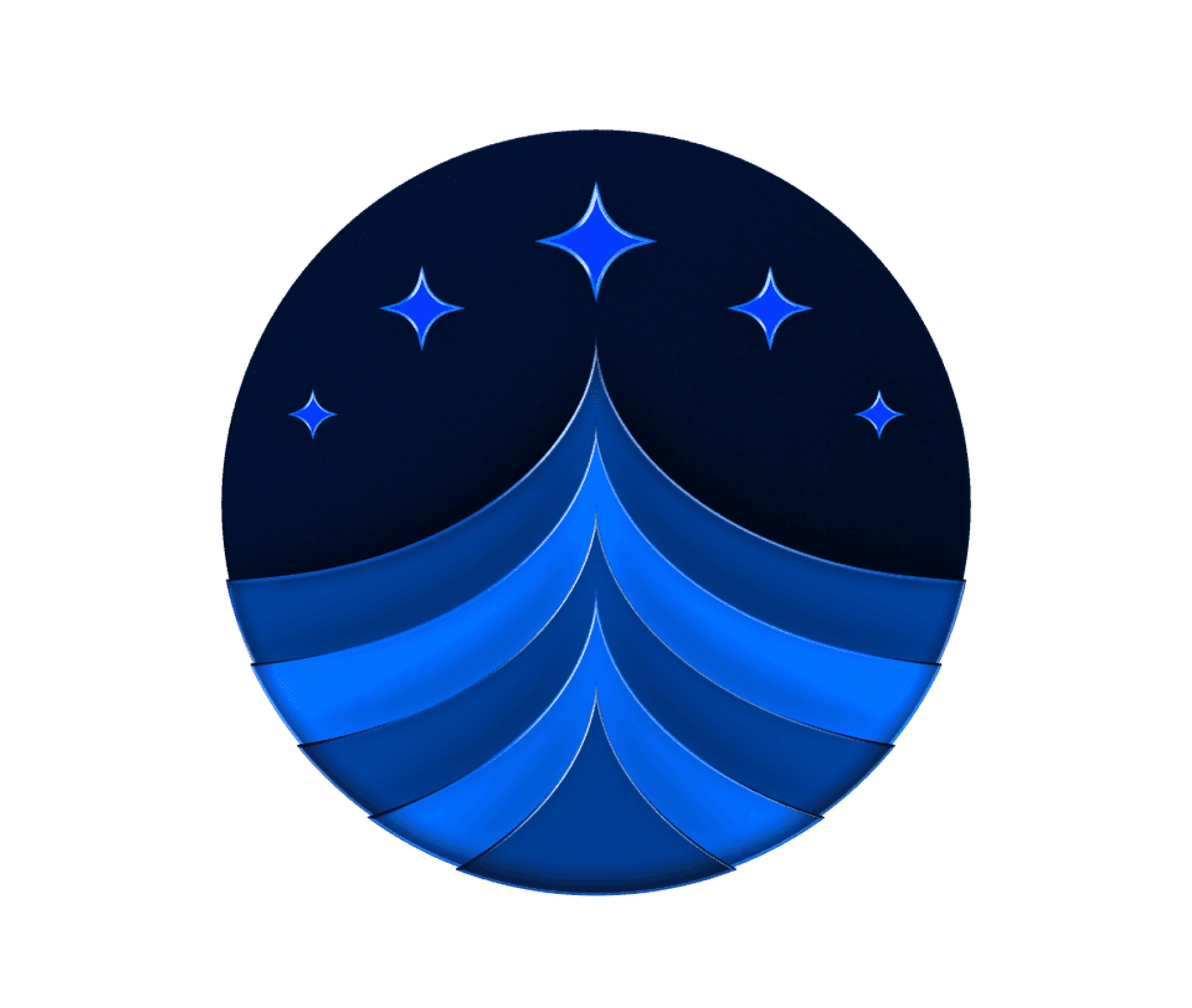 Circular emblem of layered blue waves rising to a peak under a night sky with four-pointed stars