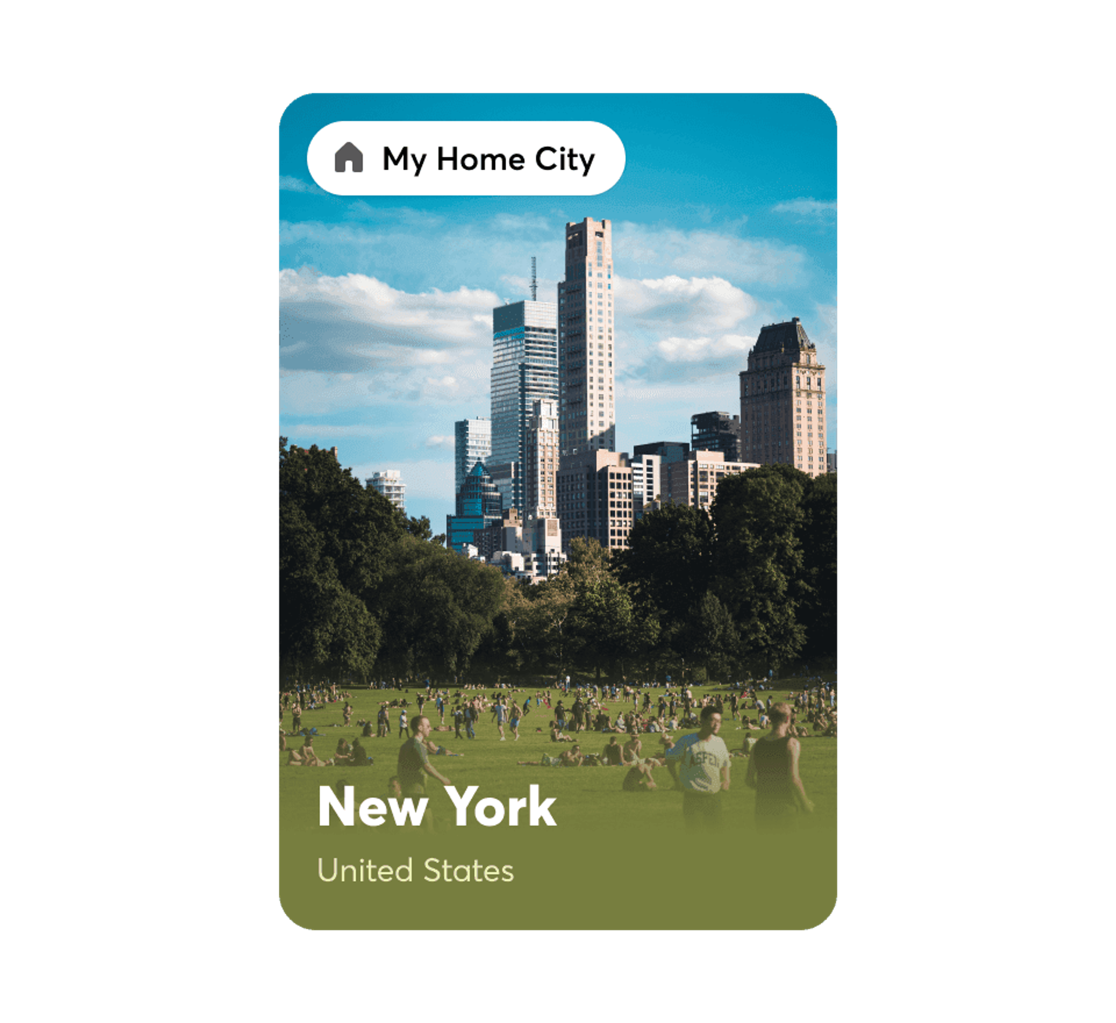My Home City card showing New York, United States over a park and skyline view